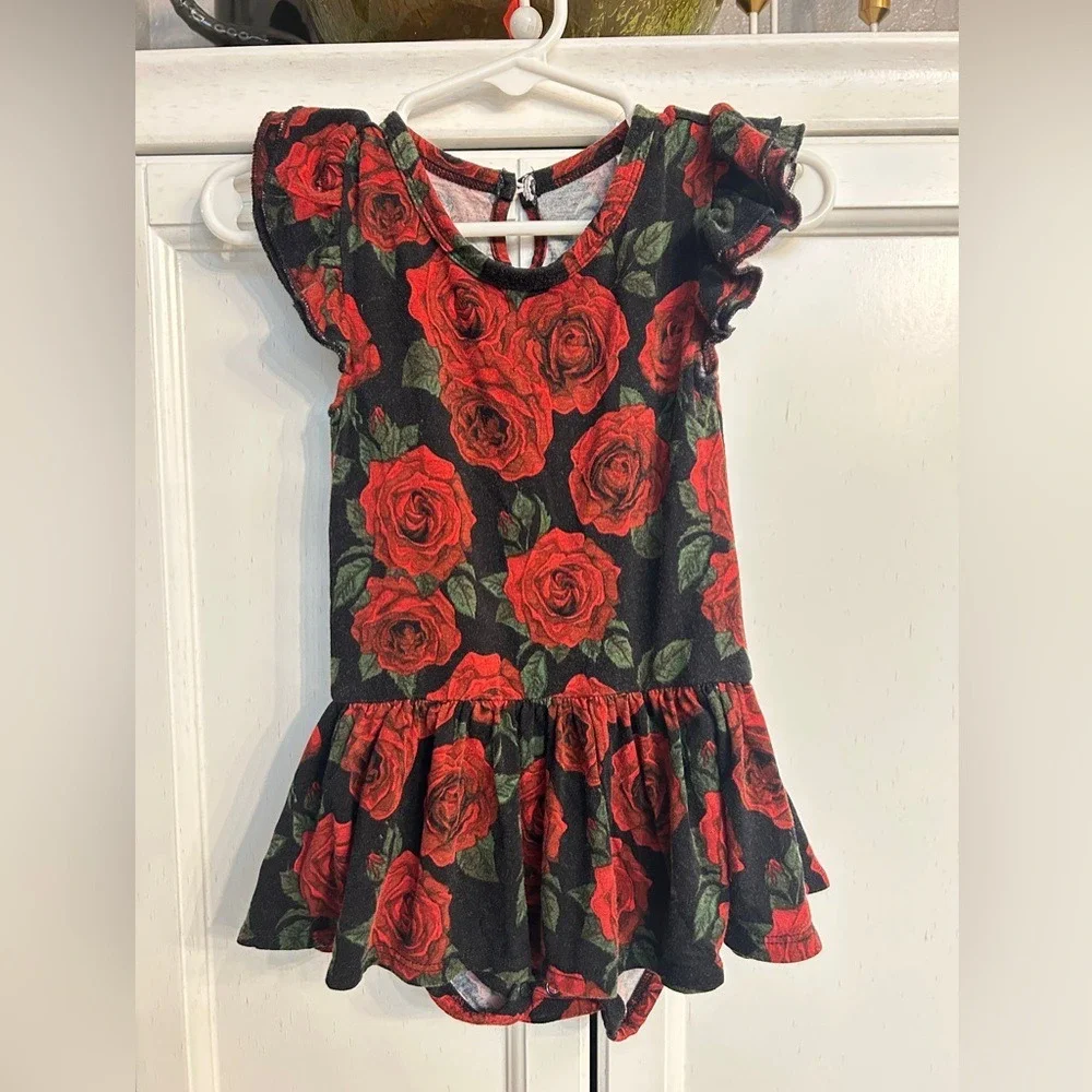Baby Romper‎ Dress 18-24M Black Red Bamboo Stretchy Rose Floral Cute